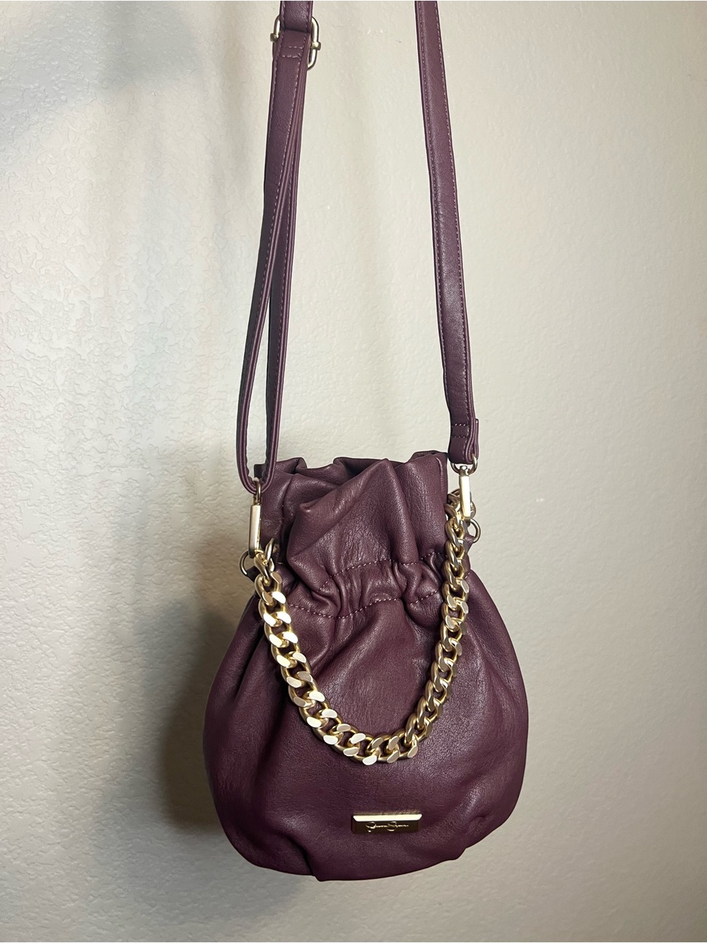 Jessica Simpson Plum Drawstring Crossbody with Gold Chain - Brand New